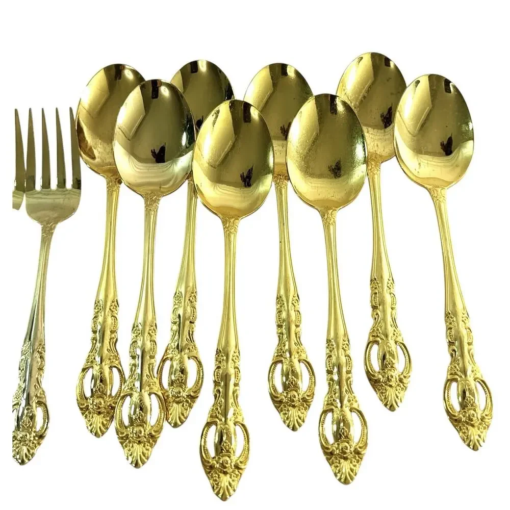 Vintage 44 Pc 24K Gold Plated Korea Flatware Set Ornate Rose Pierced
